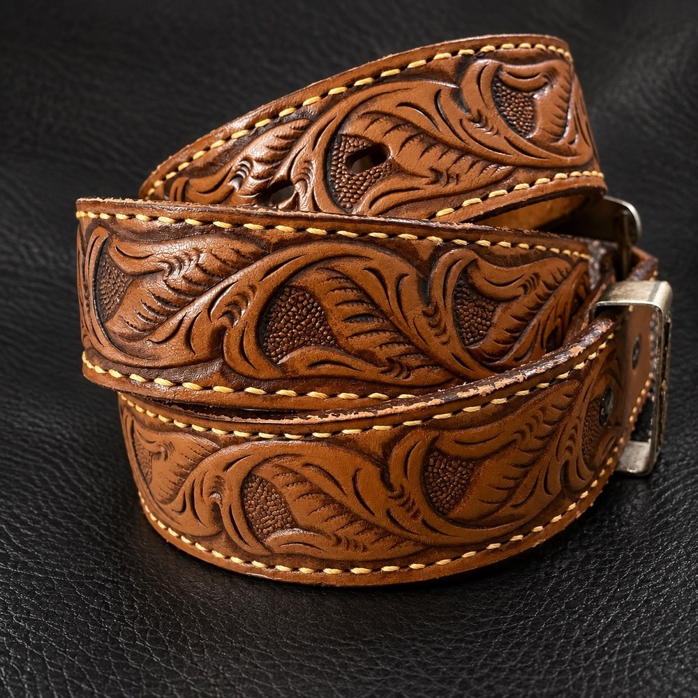 Embossed Western Belt Mens 36 Tan Floral Tooled Leather German Silver Buckle